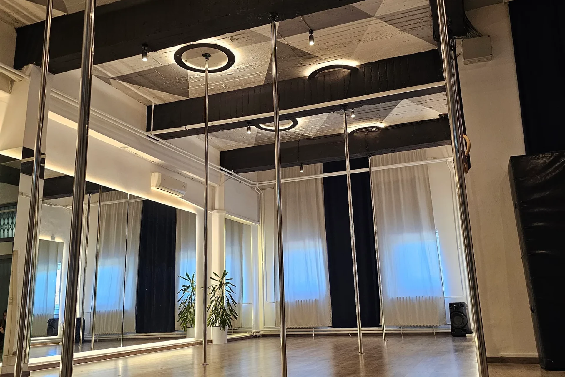 13 poles and 8 aerial points, separate dressing room