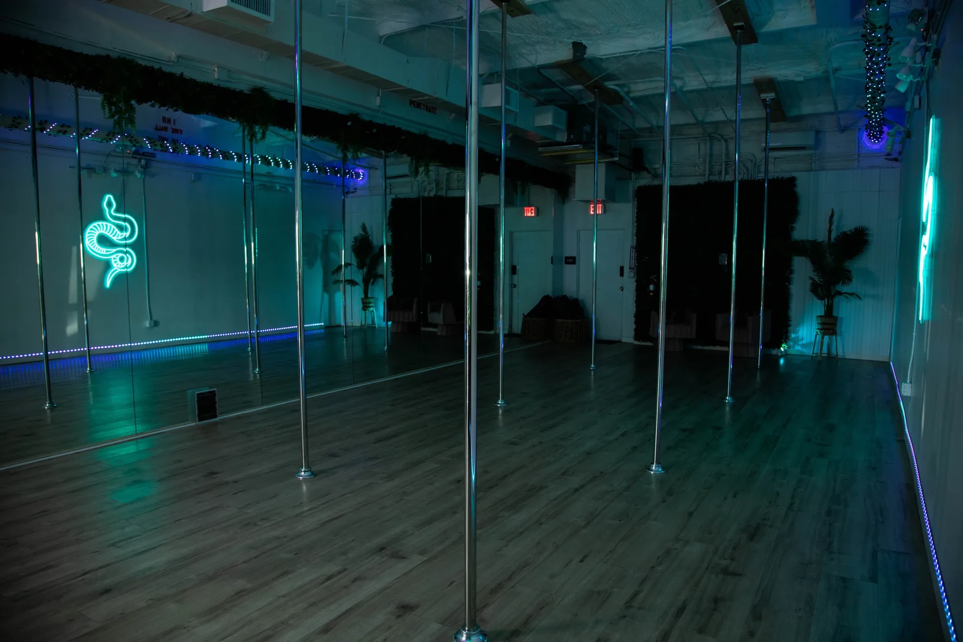 Studio 1 features eight permanent floor-to-ceiling poles from Platinum Stages, ranging from 12 to 14 feet in height, including six chrome poles and two stainless steel poles.